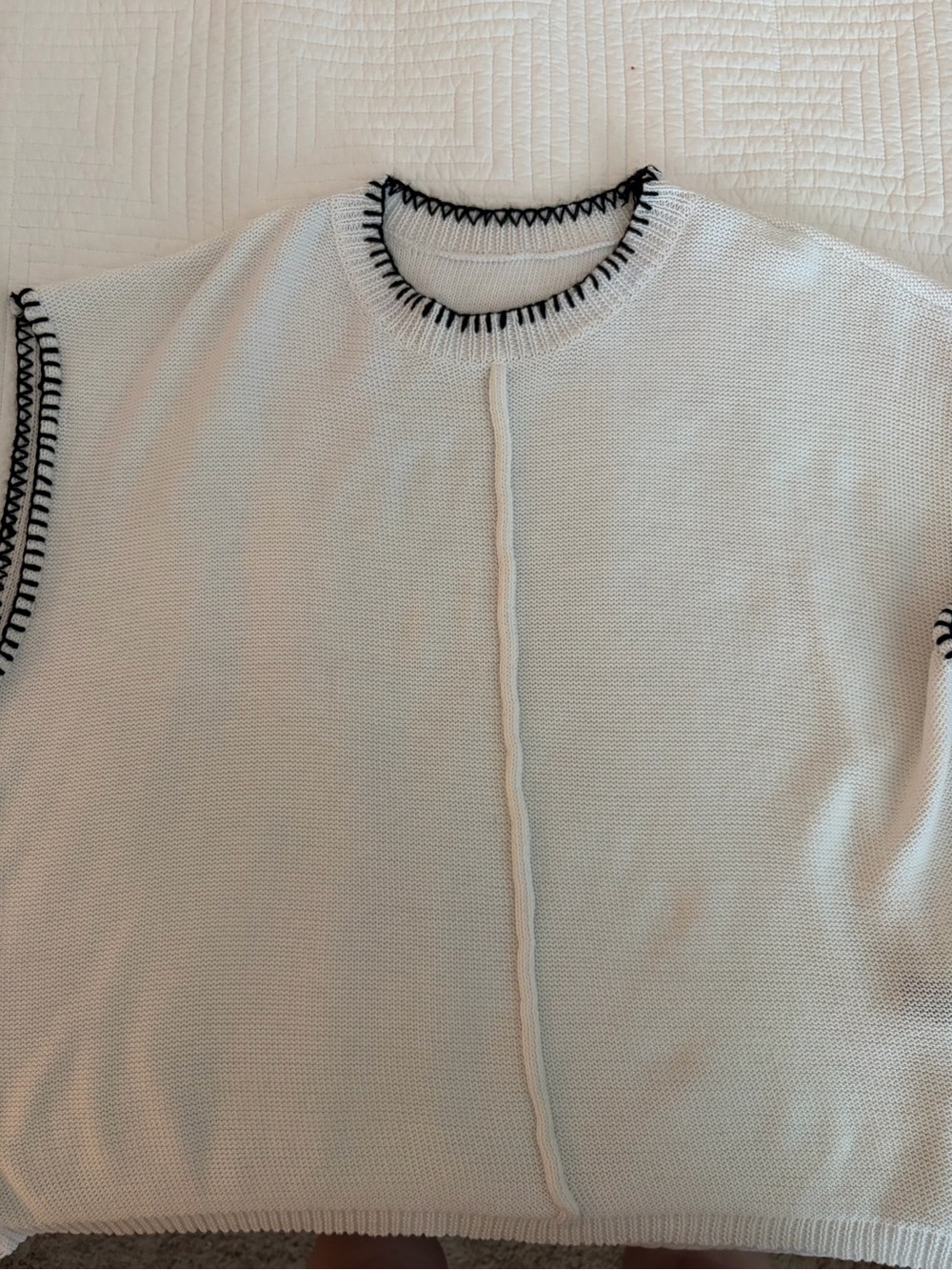 White Knit Sweater with Black Stitch Trim